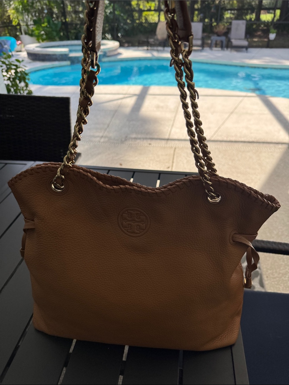 Tory Burch Cognac Leather Shoulder Bag with Gold Chain Straps